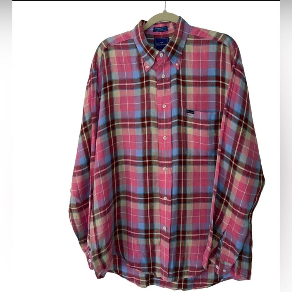 Faconnable Men’s Large Linen Pink Plaid Button Down Shirt in Preloved Condition